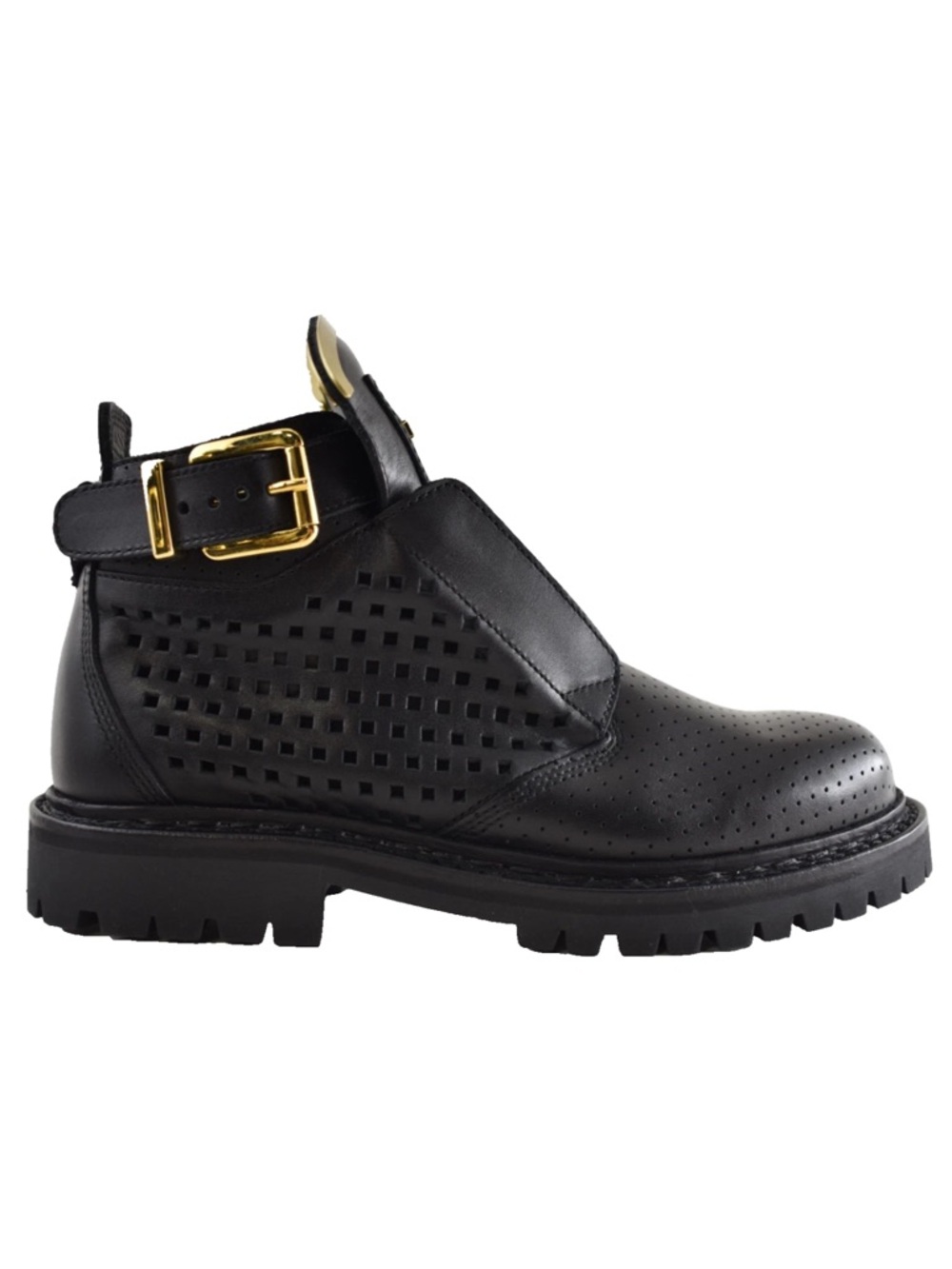 Balmain King Taiga Ranger Black Leather Perforated Gold Biker Moto Short Boot 36